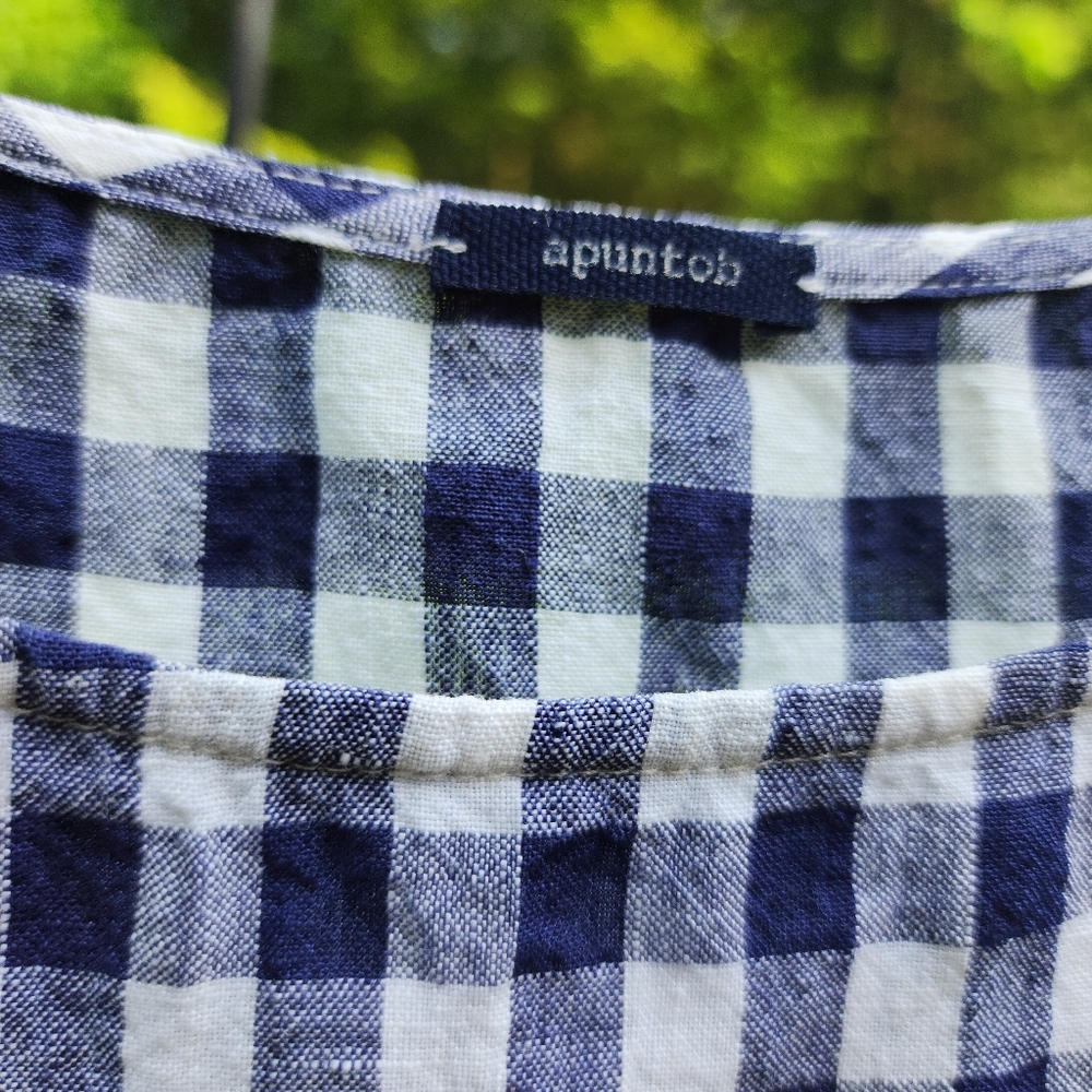 Apuntob Blue & White Linen  Sleeveless Gingham Midi Dress Large - Picture 5 of 15